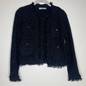 Zara Black Metallic Thread Knit Blazer Jacket Fringe‎